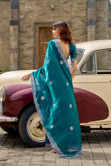 Dista Elora Teal Shimmer Chiffon Geometric Embroidery Work Bollywood Saree, view 4