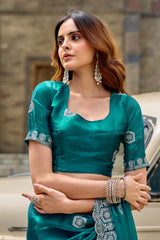 Dista Elora Teal Shimmer Chiffon Geometric Embroidery Work Bollywood Saree, view 6