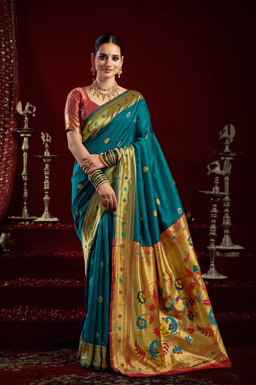 Dista Elora Teal Silk Blend Butti Weaving Paithani Saree