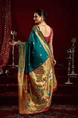 Dista Elora Teal Silk Blend Butti Weaving Paithani Saree, view 2