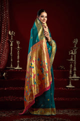 Dista Elora Teal Silk Blend Butti Weaving Paithani Saree, view 4