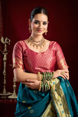 Dista Elora Teal Silk Blend Butti Weaving Paithani Saree, view 6