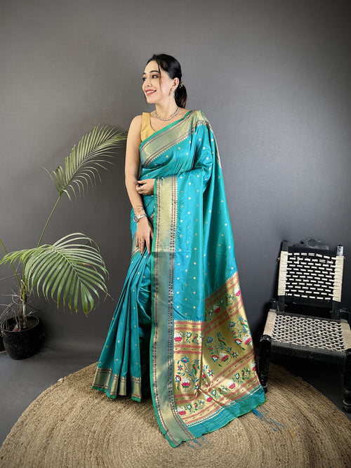 Dista Elora Teal Soft Lichi Silk Butti Meenakari Work Paithani Saree