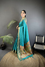 Dista Elora Teal Soft Lichi Silk Butti Meenakari Work Paithani Saree, view 2