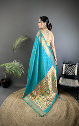 Dista Elora Teal Soft Lichi Silk Butti Meenakari Work Paithani Saree, view 3