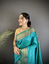 Dista Elora Teal Soft Lichi Silk Butti Meenakari Work Paithani Saree, view 4