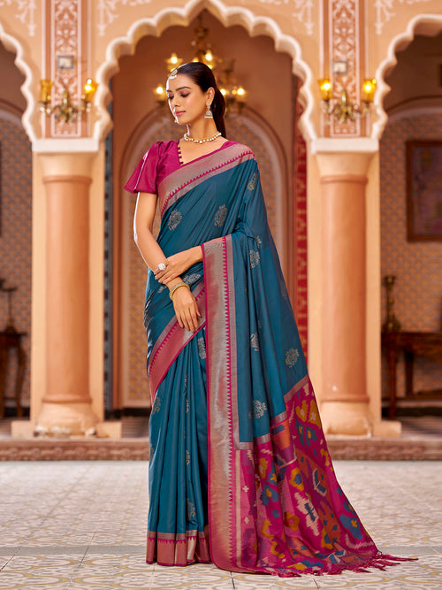 Dista Elora Teal Soft Silk Ikat Banarasi Jacquard Butta Work Designer Saree