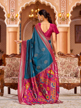 Dista Elora Teal Soft Silk Ikat Banarasi Jacquard Butta Work Designer Saree, view 2