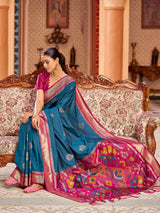Dista Elora Teal Soft Silk Ikat Banarasi Jacquard Butta Work Designer Saree, view 3