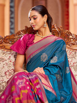 Dista Elora Teal Soft Silk Ikat Banarasi Jacquard Butta Work Designer Saree, view 4