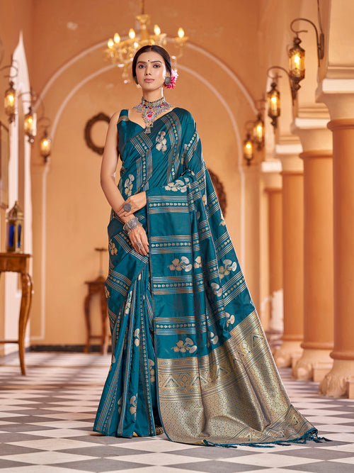 Dista Elora Teal Soft Silk Woven Banarasi Silk Zari Jacquard Work Designer Saree