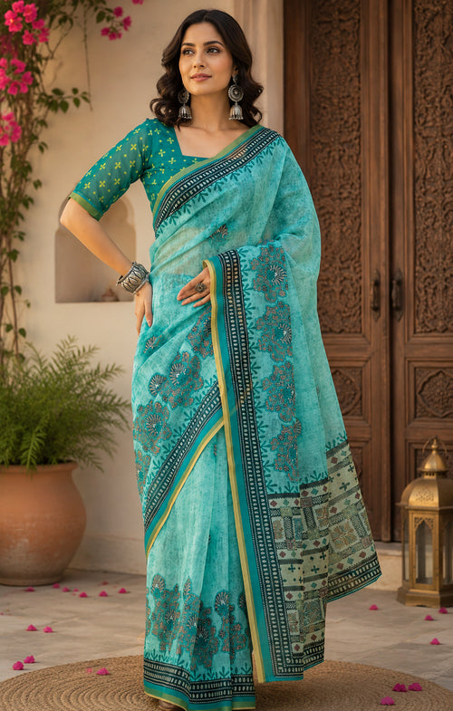 Dista Elora Turquoise Blue Linen Floral Digital Print Bollywood Saree