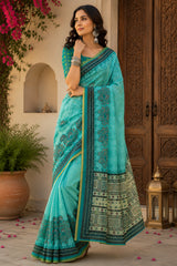 Dista Elora Turquoise Blue Linen Floral Digital Print Bollywood Saree, view 2