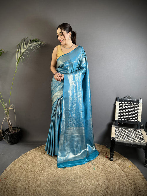 Dista Elora Turquoise Blue Soft Satin Silk Paisley & Floral Banarasi Saree