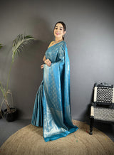 Dista Elora Turquoise Blue Soft Satin Silk Paisley & Floral Banarasi Saree, view 2