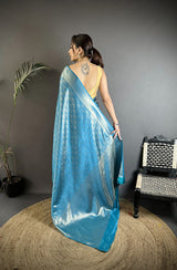 Dista Elora Turquoise Blue Soft Satin Silk Paisley & Floral Banarasi Saree, view 3