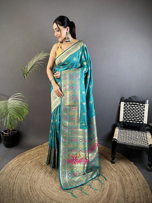 Dista Elora Turquoise Blue Soft Silk Geometric Zari Woven Patola Saree