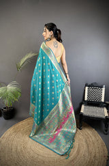 Dista Elora Turquoise Blue Soft Silk Geometric Zari Woven Patola Saree, view 3