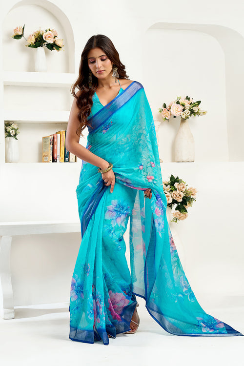 Dista Elora Turquoise Linen Floral Printed Ready to Wear Saree