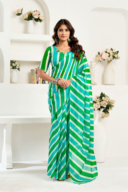 Dista Elora Turquoise Linen Striped Printed Ready To Wear Saree