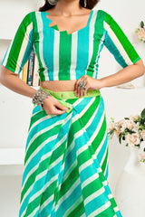 Dista Elora Turquoise Linen Striped Printed Ready To Wear Saree, view 2
