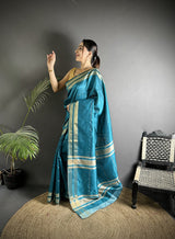 Dista Elora Turquoise Raw Silk Zari Woven Kanjivaram Saree, view 2