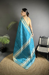 Dista Elora Turquoise Raw Silk Zari Woven Kanjivaram Saree, view 3