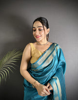 Dista Elora Turquoise Raw Silk Zari Woven Kanjivaram Saree, view 4