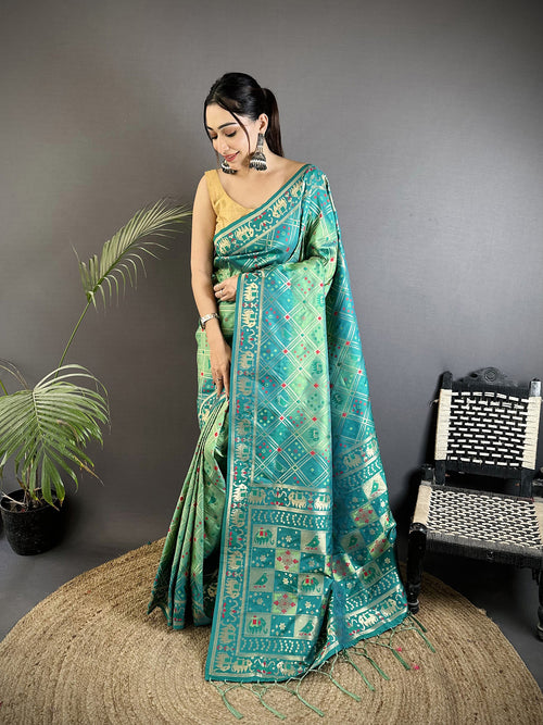 Dista Elora Turquoise Soft Silk Geometric Zari Woven Patola Saree