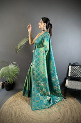 Dista Elora Turquoise Soft Silk Geometric Zari Woven Patola Saree, view 2