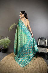 Dista Elora Turquoise Soft Silk Geometric Zari Woven Patola Saree, view 3