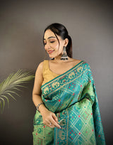 Dista Elora Turquoise Soft Silk Geometric Zari Woven Patola Saree, view 4