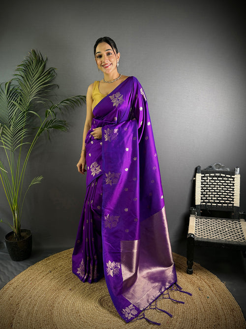 Dista Elora Violet Lichi Silk Flower Zari Weaving Banarasi Saree