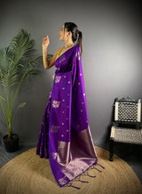 Dista Elora Violet Lichi Silk Flower Zari Weaving Banarasi Saree, view 2