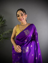 Dista Elora Violet Lichi Silk Flower Zari Weaving Banarasi Saree, view 3