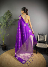 Dista Elora Violet Lichi Silk Flower Zari Weaving Banarasi Saree, view 4