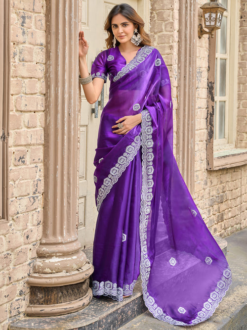 Dista Elora Violet Shimmer Chiffon Geometric Embroidery Work Bollywood Saree