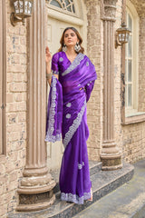 Dista Elora Violet Shimmer Chiffon Geometric Embroidery Work Bollywood Saree, view 2