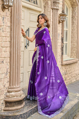 Dista Elora Violet Shimmer Chiffon Geometric Embroidery Work Bollywood Saree, view 3
