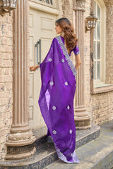 Dista Elora Violet Shimmer Chiffon Geometric Embroidery Work Bollywood Saree, view 5