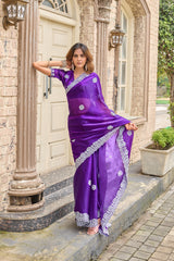 Dista Elora Violet Shimmer Chiffon Geometric Embroidery Work Bollywood Saree, view 6