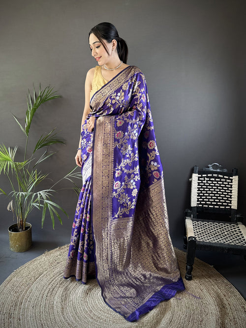 Dista Elora Violet Soft Banarasi Silk Floral & Ethnic Motifs Meenakari Zari Weaving Banarasi Saree