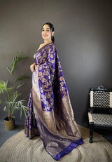Dista Elora Violet Soft Banarasi Silk Floral & Ethnic Motifs Meenakari Zari Weaving Banarasi Saree, view 2
