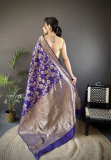 Dista Elora Violet Soft Banarasi Silk Floral & Ethnic Motifs Meenakari Zari Weaving Banarasi Saree, view 3