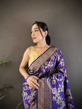 Dista Elora Violet Soft Banarasi Silk Floral & Ethnic Motifs Meenakari Zari Weaving Banarasi Saree, view 4