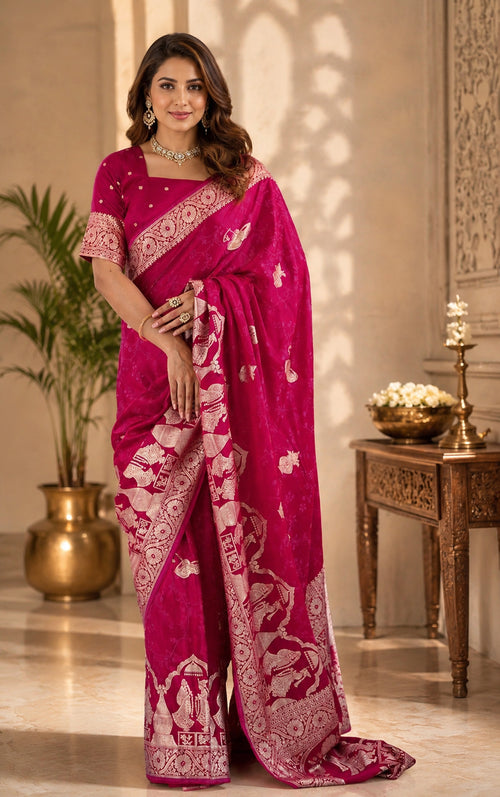 Dista Elora Violet Soft Silk Geometric Buttis Jacquard Zari Woven Banarasi Saree