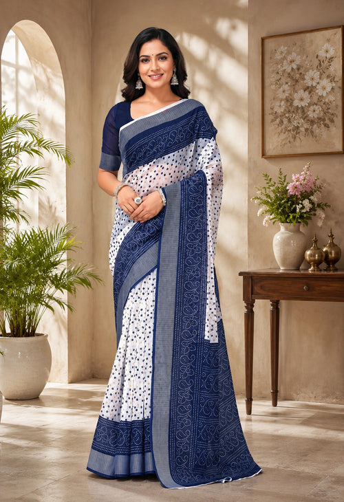 Dista Elora White & Blue Linen Bandhani Digital Print Bollywood Saree