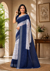 Dista Elora White & Blue Linen Bandhani Digital Print Bollywood Saree, view 2