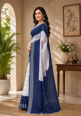 Dista Elora White & Blue Linen Bandhani Digital Print Bollywood Saree, view 3