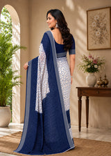 Dista Elora White & Blue Linen Bandhani Digital Print Bollywood Saree, view 4